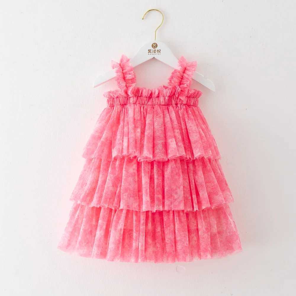 New Cute Baby Girl Dress Sweet Flowers Stamping Drape Wrinkle Mesh Baby Dresses Fashion Baby Girl Clothes Princess Cake Frock X250220