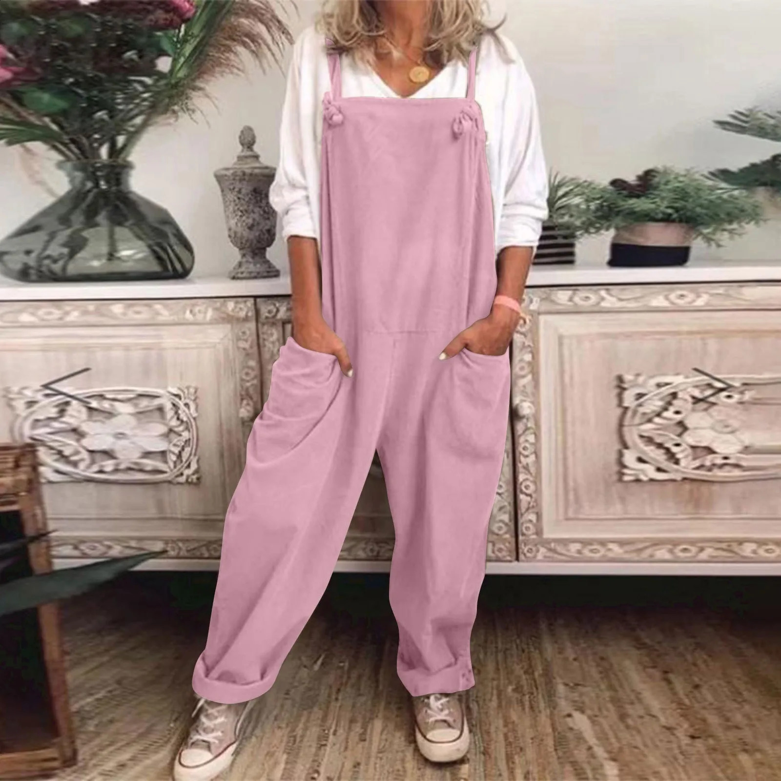 Womens Plus Size Overalls Jumpsuits Casual Solid Color Loose Comfy Dungarees Rompers Suspender Knot Cargo Style Playsuit 250220