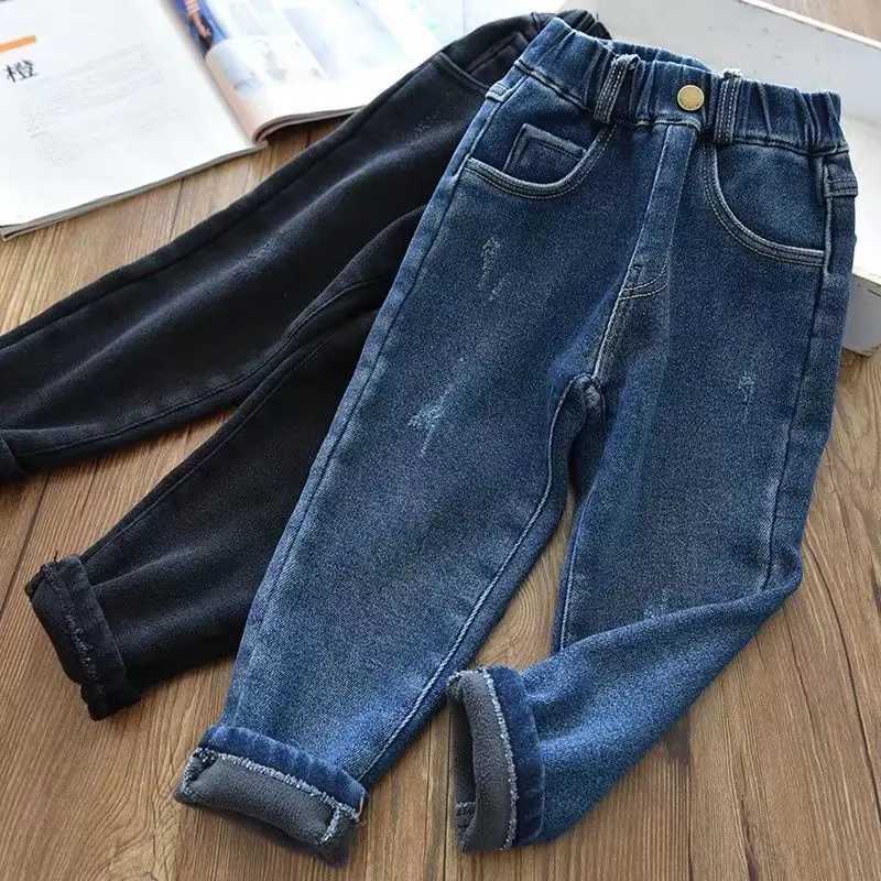 Winter girl boy jeans thick warm solid color jacket 2021 new childrens jeans denim pants 12M-6T Z250220
