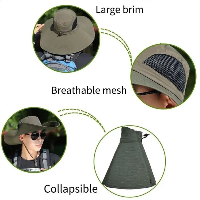 Summer 15CM Large Brim Sun Hat Men Women Breathable Fishing Caps UV Protection Mesh Fisherman Hiking Outdoor Beach Cap 250210