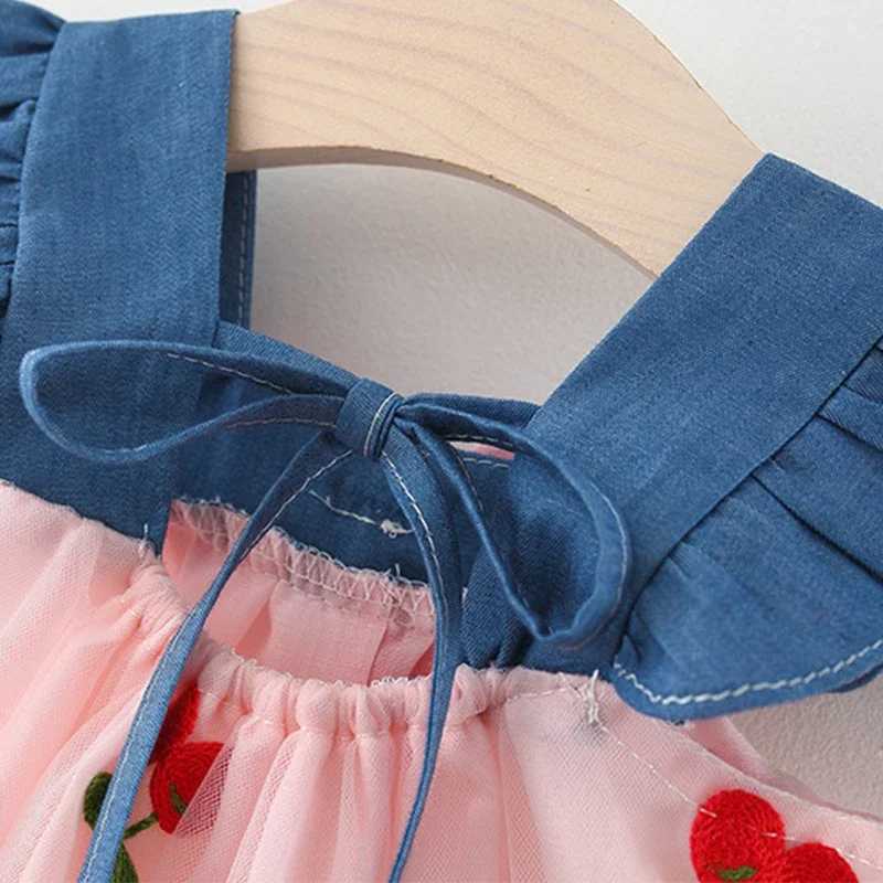 Summer Girls Suspender Dress Baby Girl Cherry Embroidered Mesh Denim Patchwork Small Flying Sleeve Princess Skirt X250220