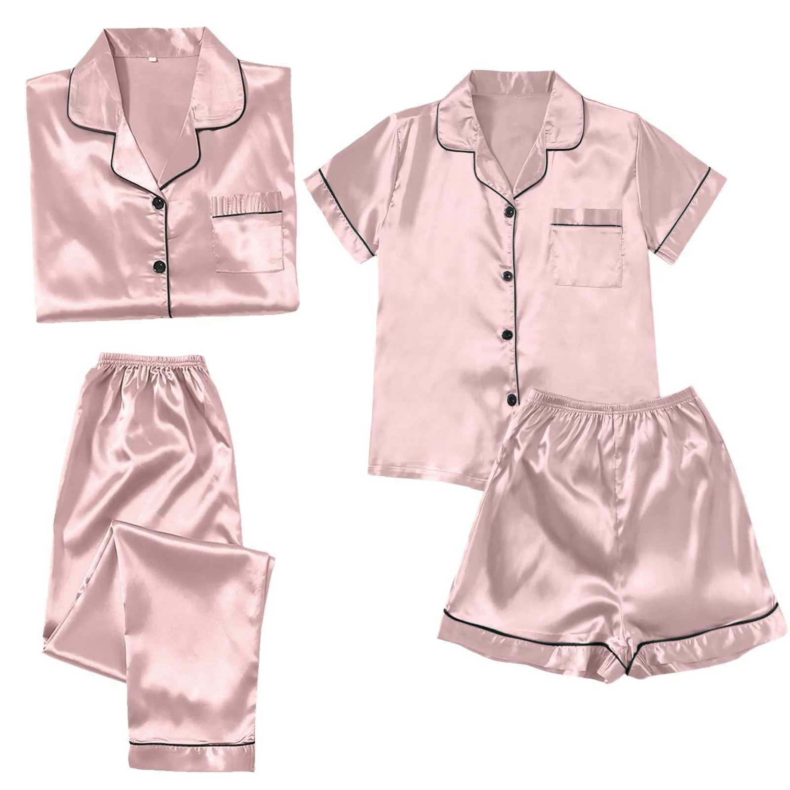 4PCS Womens Blue Pajamas Sets Silk Satin Top Pant Long sve Solid Button-Down Pyjamas Satin Set Nightgown Ladies SpwearXJ250220