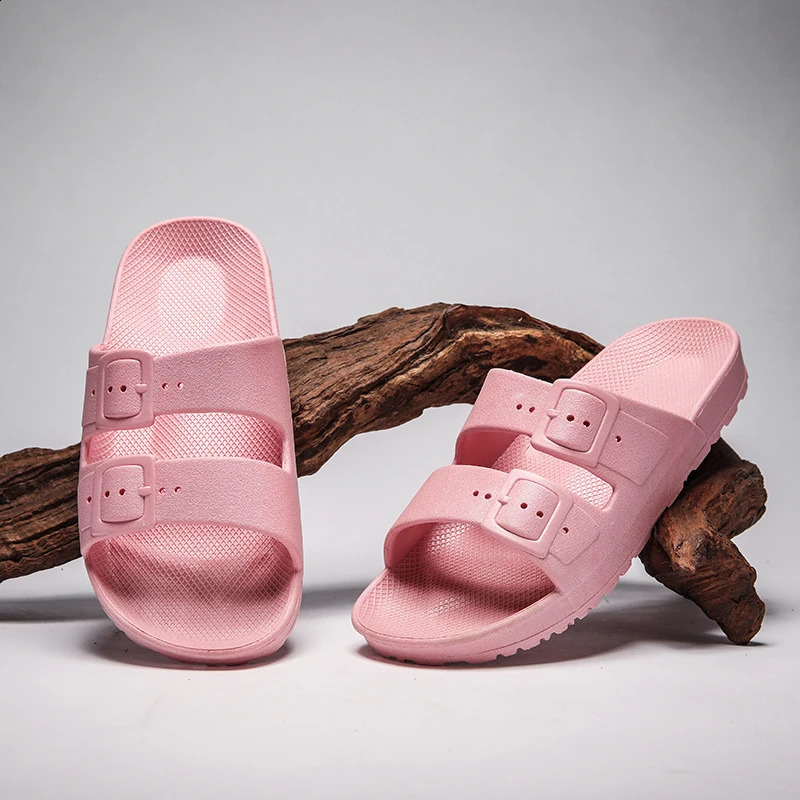 Summer 2024 childrens slides sandals boys and girls PVC apartments soft soled trends double button beach shoes 250218