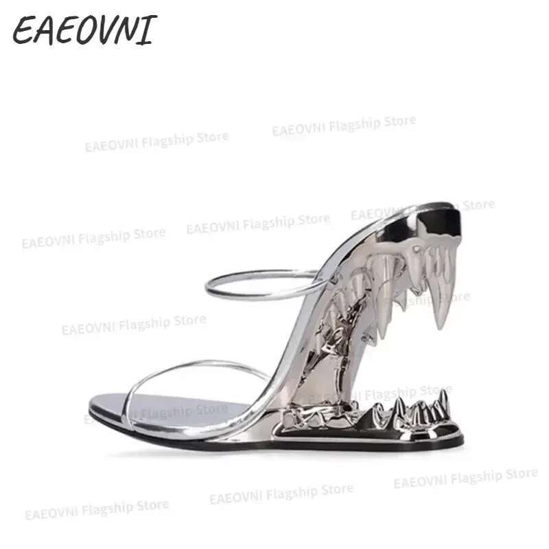 2024 European And American Summer New Fashion Metal Teeth With Profiled Heels High-Heeled Runway Show Women's Sandals