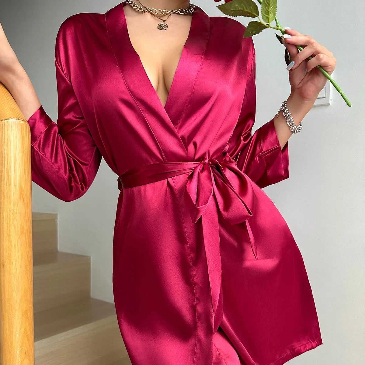Pajamas women summer European and American ladies lace-up bathrobe sexy morning gown home dress can wear ice silk robeXJ250220