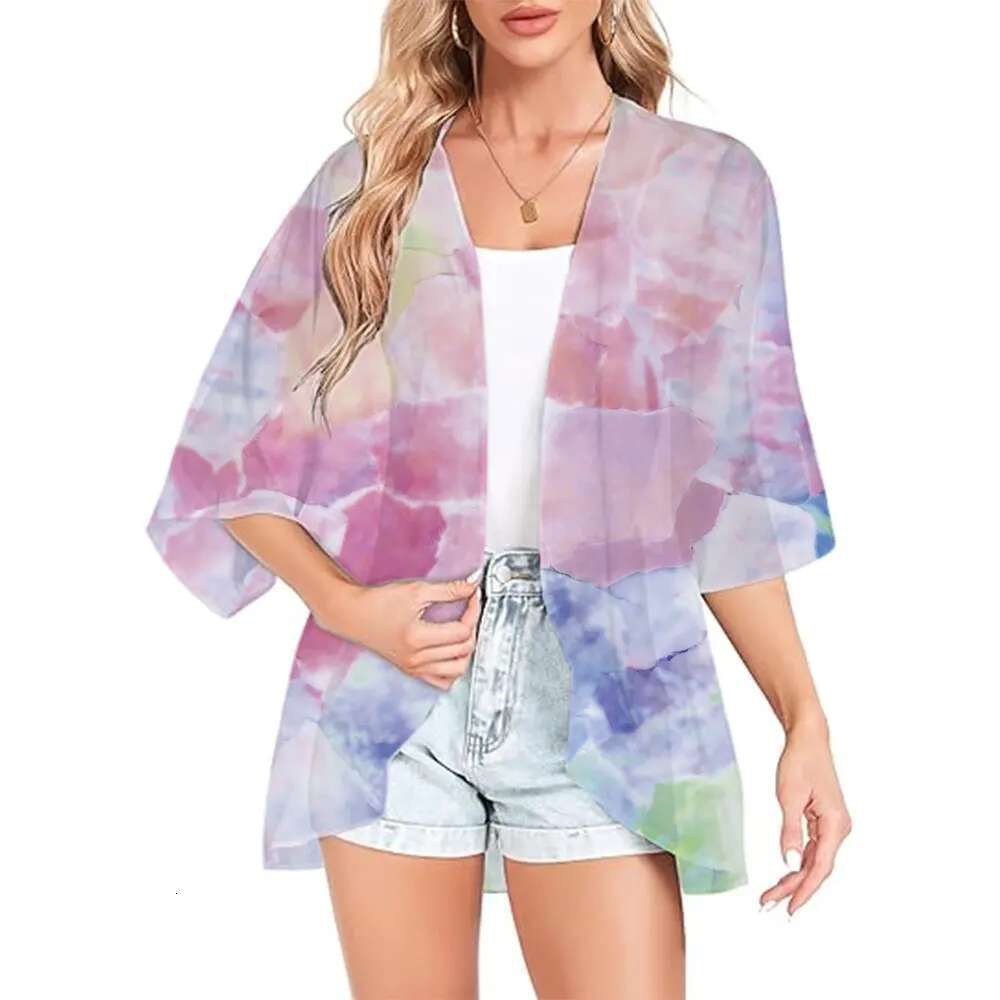 Elegant Chiffon Swimsuit Capes Ral Print Kimono Cover Up Cardigan Shirt Tops Fashion Casual Resort Wear Bathing Suit Blouse