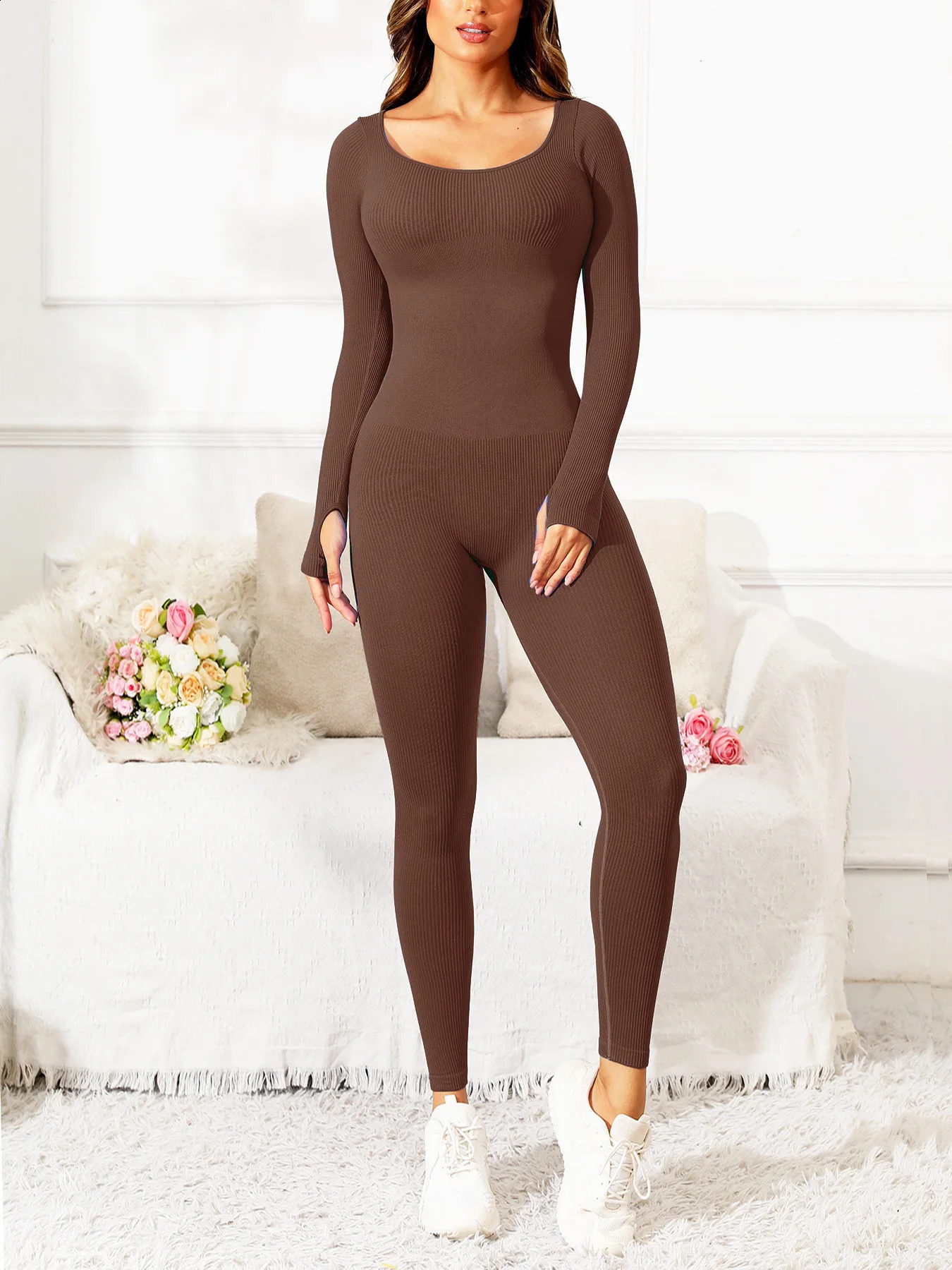 Ultra thin jumpsuit womens clothing zipper casual brown fitness jumpsuit autumn sportswear event streetwear 250220