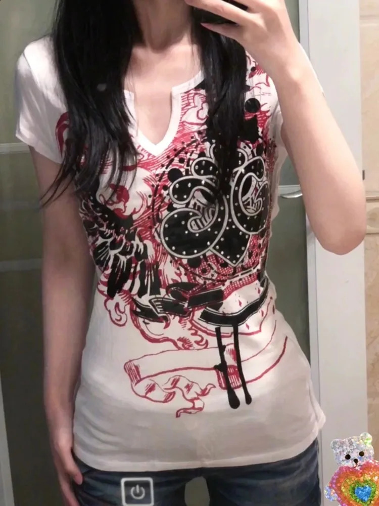 HOUZHOU Punk Harajuku Graphic Tshirts Women Japanese Style Y2k Vintage 2000s Aesthetic Grunge Top Gothic Short Sleeve Streetwear 250219