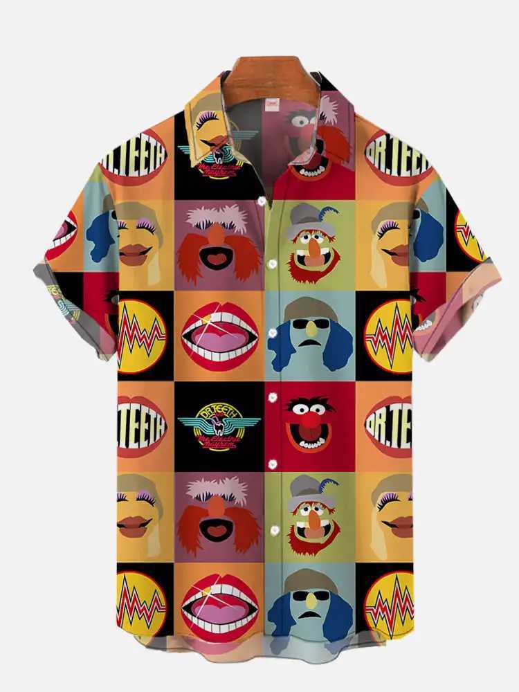 Cartoon Animated Characters Summer Classic Style Patchwork Retro Hawaii Shirt Colorful Geometric Color Print Short Floral Blouse W250220