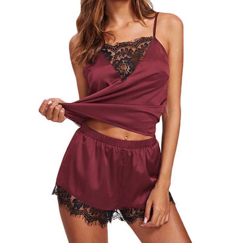 Women Ice Silk Pajamas Spwear Pajama Set Nightgowns Nightdress Camisole Shorts Black Red L XL Lace Casual Sexy SmoothXJ250220
