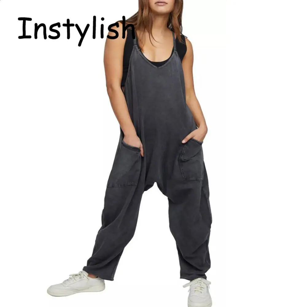 Women Casual Spaghetti Strap Sleeveless Jumpsuit Vintage Harajuku Wide Leg Loose Pants Summer Solid Oversize Overalls Rompers 250220