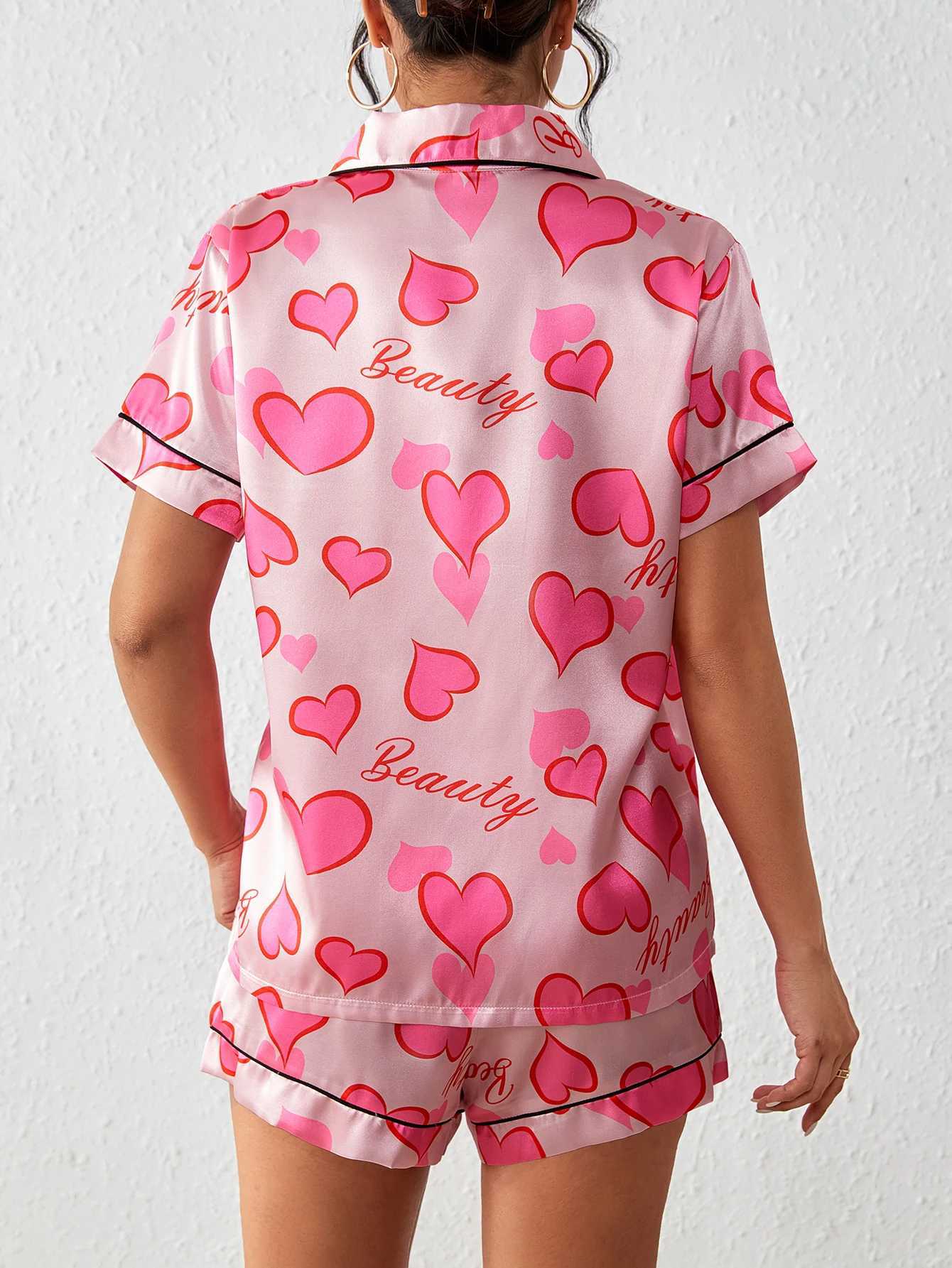 Heart Letter print satin Pajama SetShort Sve Buttons Lapel Top Elastic Shorts Womens SpwearXJ250220