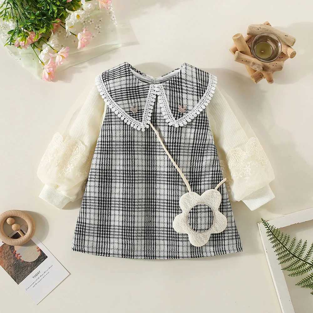 Winter baby girl dress with bubble sleeves lapel solid color pattern fake two-piece+diagonal precious flower sweet princess dress X250220