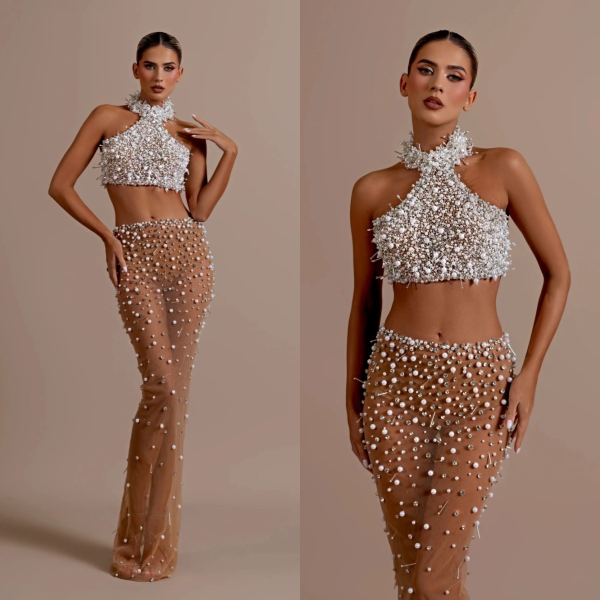 Sexy Evening Two Pieces Dresses For Women Halter Sleeveless Gown Sequins Crystal Pearls See Through Customized Dress