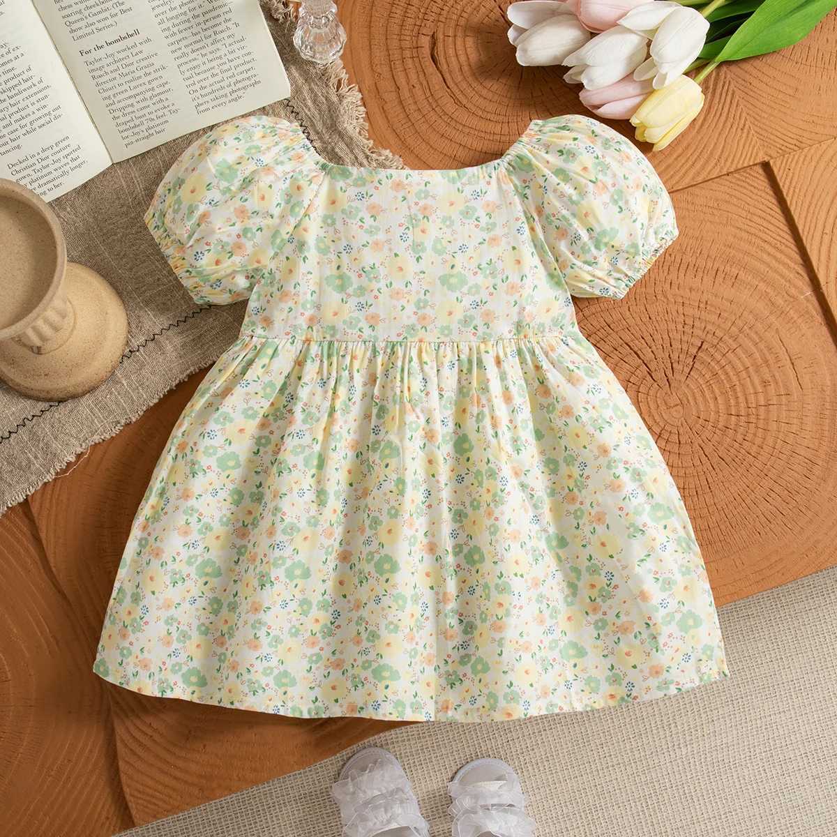 (0-3 Year Old Baby Girl Floral Dress) Summer New Sweet Bow Countryside Style Childrens Short Sleeved Clothes X250220