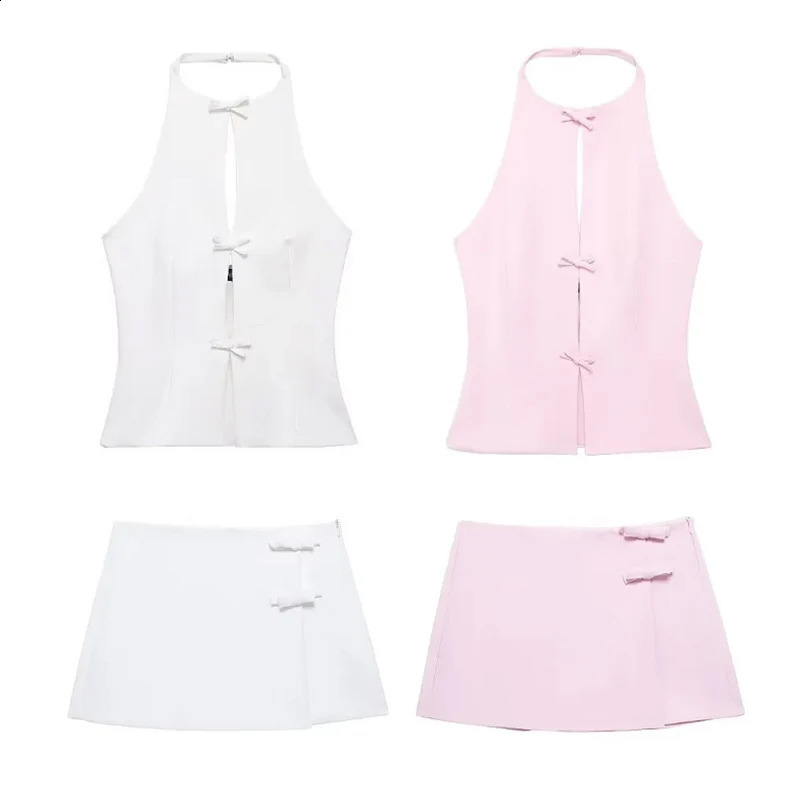 TRAF Bow Two Piece Set Backless Halter Women Top And Mid Waist Lady Skirt In 2024 Summer Fashion Casual Office Lady Set 250219