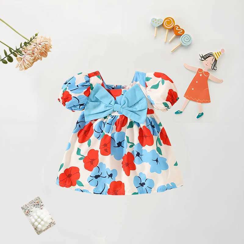 Summer Baby Girl Dress Baby Girl Big Bow Bubble Sleeve Princess Dress Floral Print Short Sleeved Party Dress (0-2) X250220