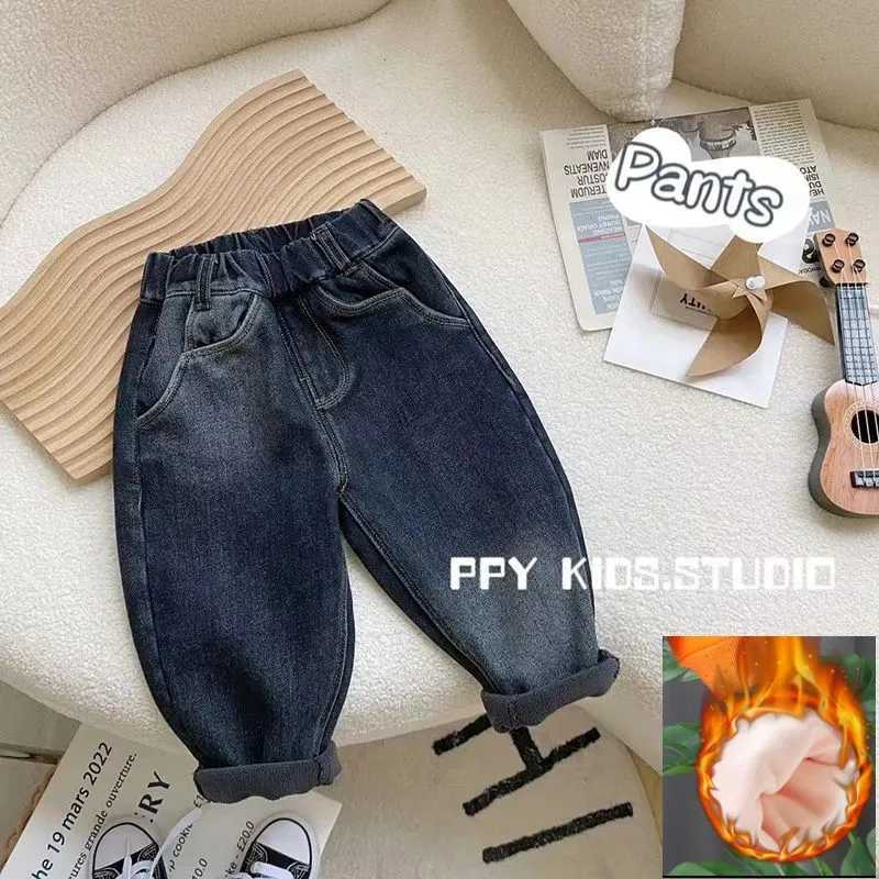 Boys plush and thick pants autumn and winter clothing childrens soft and elastic casual jeans baby warm pants Z250220