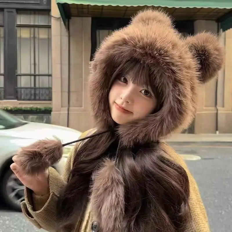 RICYGVM Womens Fluffy Fur Eartips Winter Plush Fishermans Hat Windproof Warm Head Gear Cute Bear Girl 250210