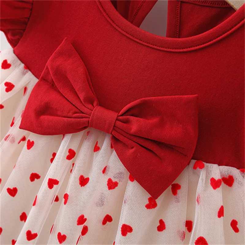Baby Girl Red Dress Heart Embroidered Mesh Bow Tutu Dress Kids Birthday Party Clothes X250220