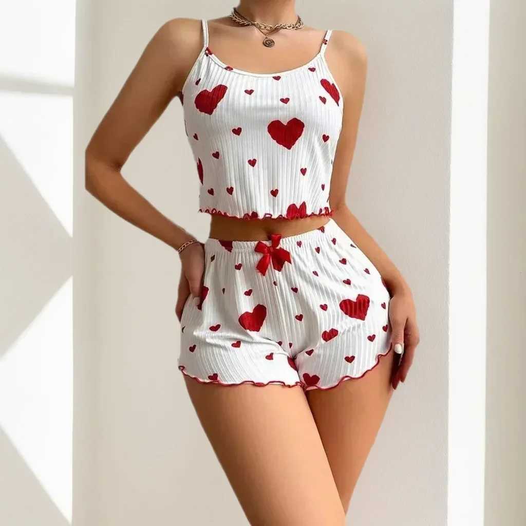 Hot Selling Womens Pajamas Set Spwear 2PCS Short Tank Tops And Shorts White Ventilate Soft Casual Red Love Printing SpwearXJ250220