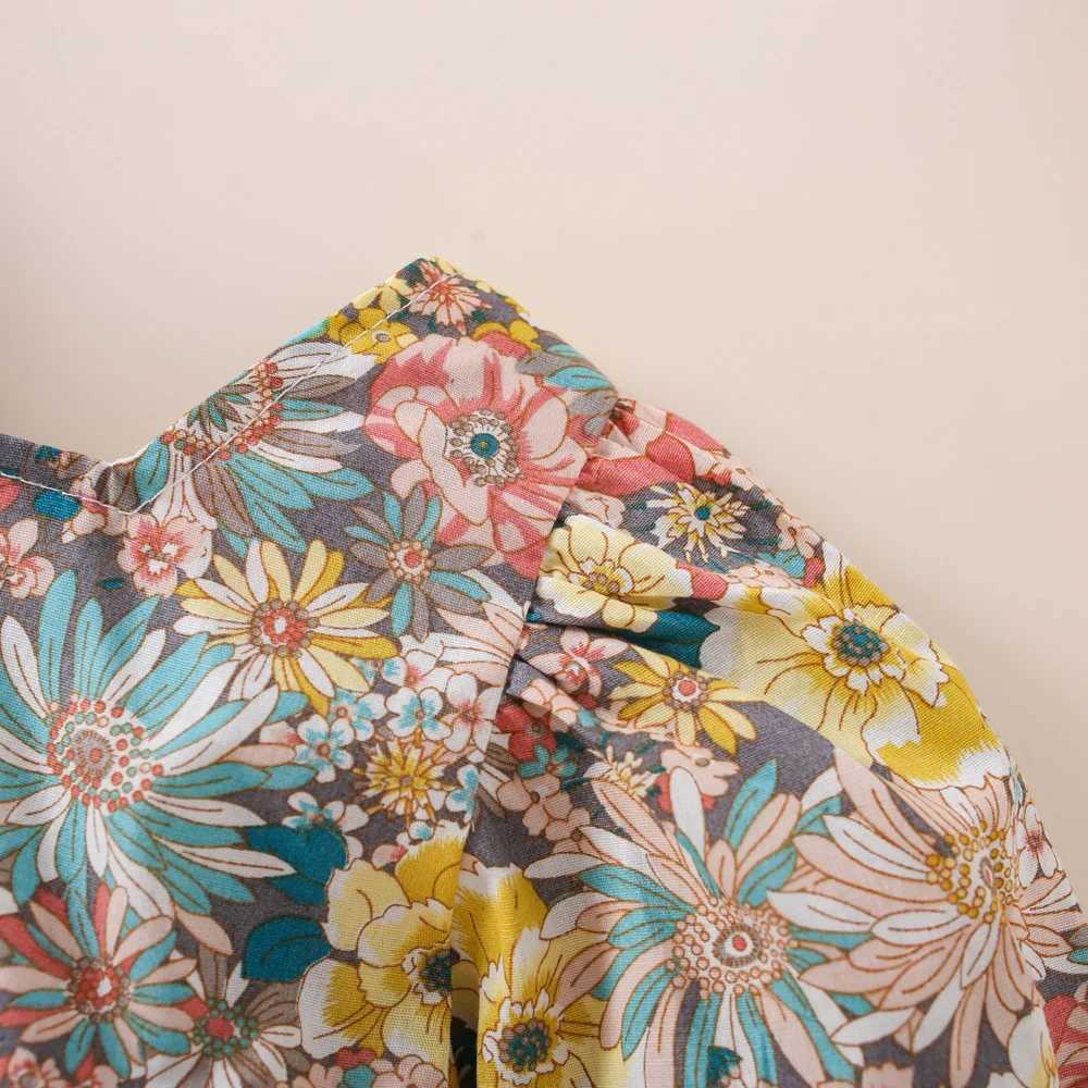 Summer dress for baby girls with floral bubble sleeves and cross ribbed princess dress X250220