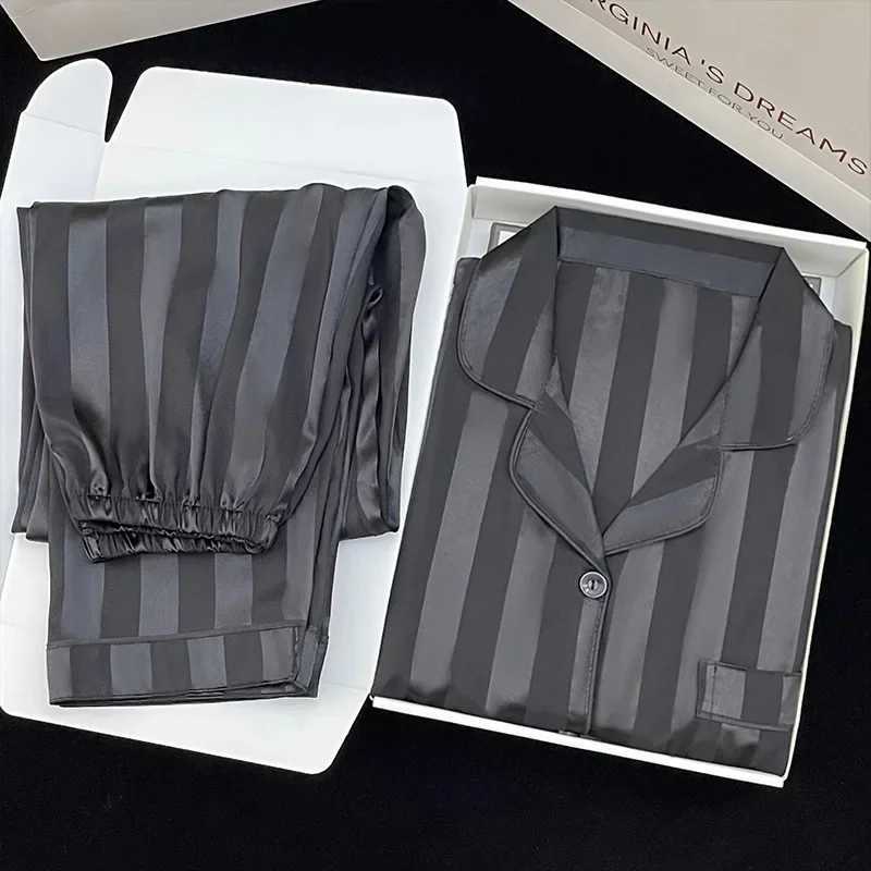Striped Ice Silk High-end Pajamas for Women Spring and Autumn Womens New Long-sved Trousers Two-piece Set Nightwear NightieXJ250220