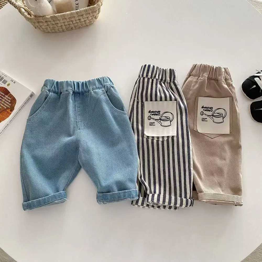 New Autumn Kids Tapped Casual Striped Pants 0-5T Girls Boys Fashion Stripe Trousers Children Solid Denim Jeans Korean Version Z250220