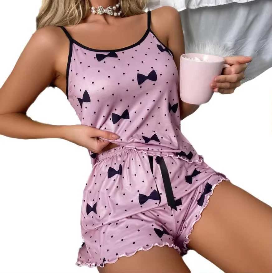 2024 Summer Pajama Set Large Size Vest Shorts Womens Suspenders Soft Casual Cute Printed Women pajamas setXJ250220