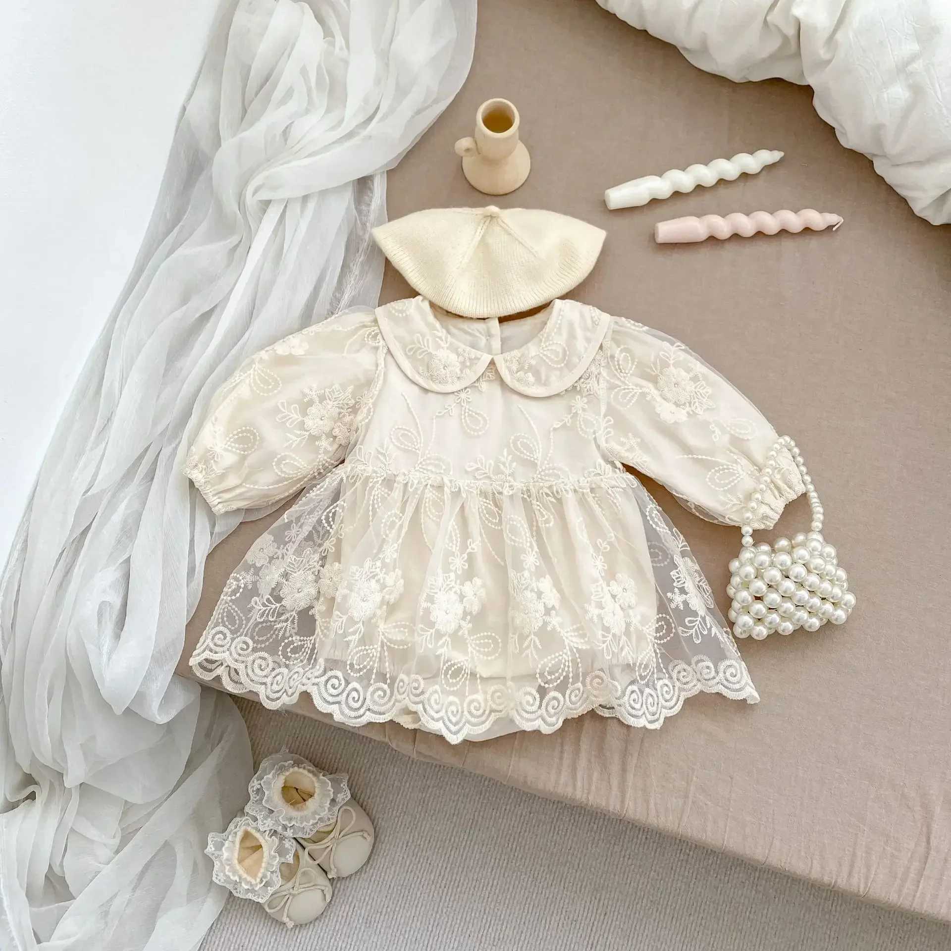 4068-1 Baby Romper Dress 2024 New Autumn Fashion Embroidered Gauze Bag Fart Skirt Baby Girls Princess One Piece Clothes X250220