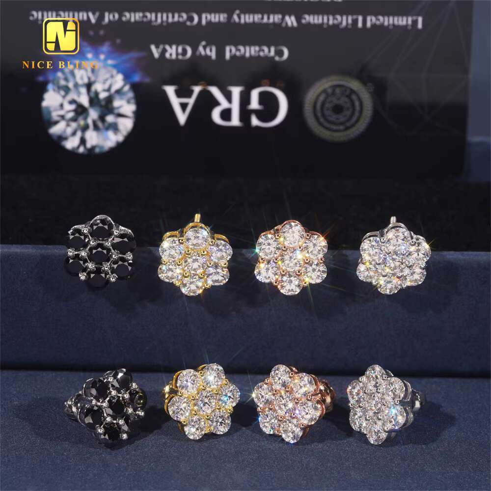 Pass Dia Tester Cluster Screw Back Ear Studs 12mm Iced Out Hip Hop Jewelry Sier VVS Moissanite Stud Earring for Women