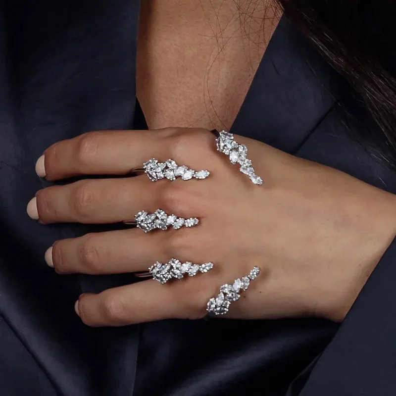 Stonefans Fashion Leaf Hand Palm Cubic Zirconia Jewelry for Women Handmade Cuff Open Bracelet Bridal Bangle Hand Piece Accessory 250220