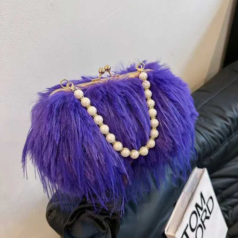 Luxury faux fur evening bag pearl chain fashionable long tassel plush shoulder bag large capacity handbag wedding handbag XA48ZZ Z250220