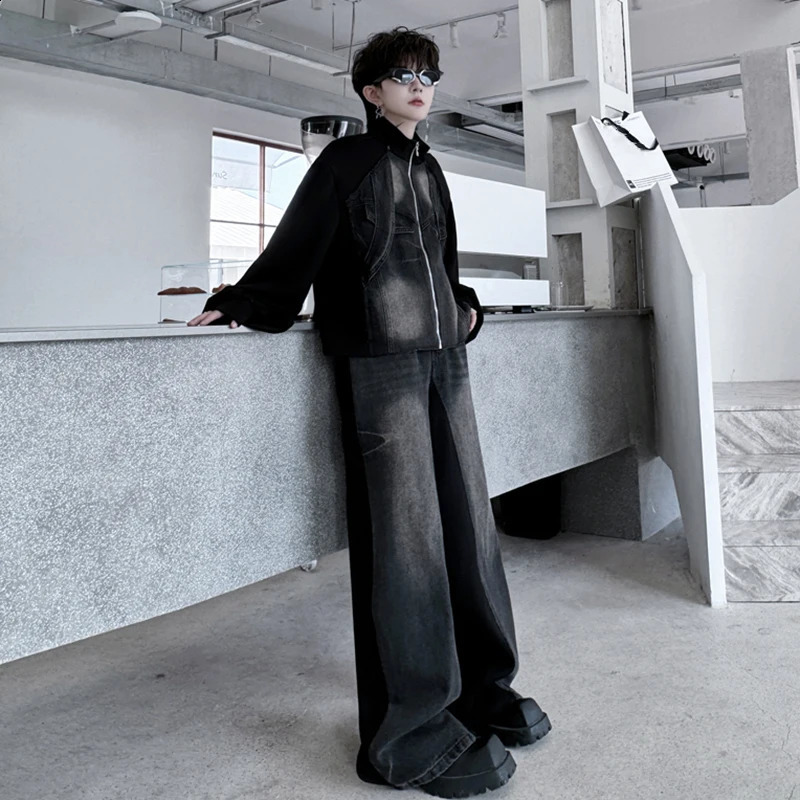 PFNW Contrast Color Mens Set Spring Stand Collar Spliced Denim Jacket Casual Pants Male Streetwear 28W5253 250220