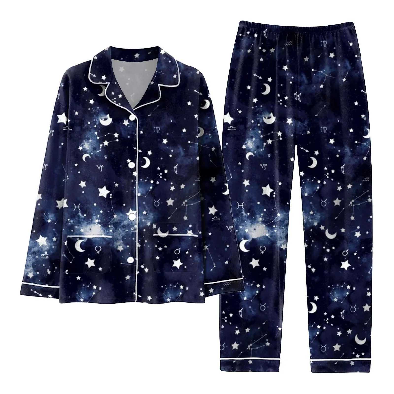 Loungewear Women Pajama Sets 2 Piece Star Printing Long Sve Shirt With Pant Sets Trendy Pyjamas Autumn Winter Satin SpwearXJ250220