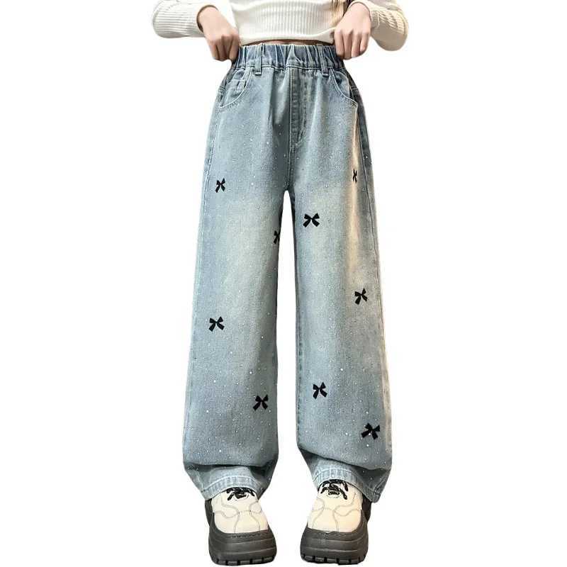 2025 Spring Child Casual Jeans with Bow Embroidery for Girl Fashion High Street Denim Pants Kids High-waisted Jeans Trousers Z250220