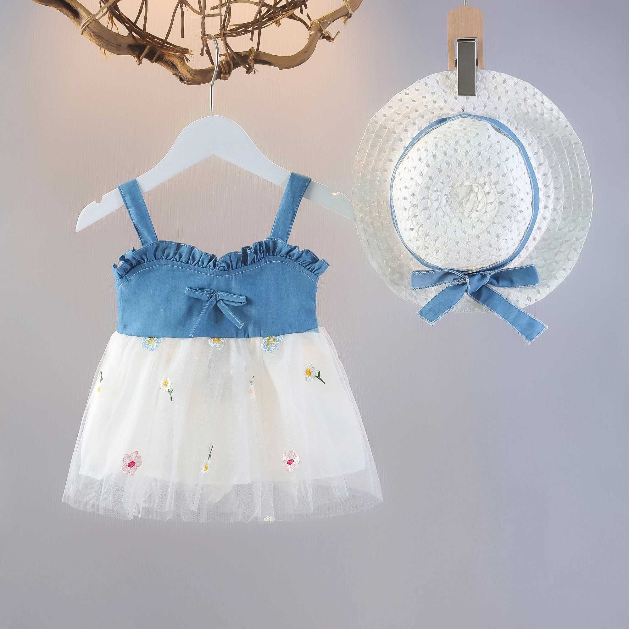 Summer New Girls Dress Sweet Princess Dress+Hat Mesh Pleats Birthday Party Dress (2-3 years old) X250220