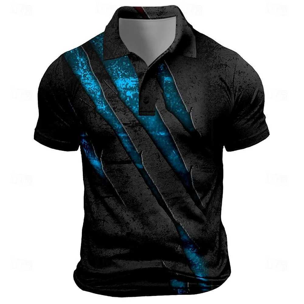 Retro mens polo shirt with scratch print casual short sleeved T-shirt lapel button golf sports shirt fashionable oversized mens clothing W250414