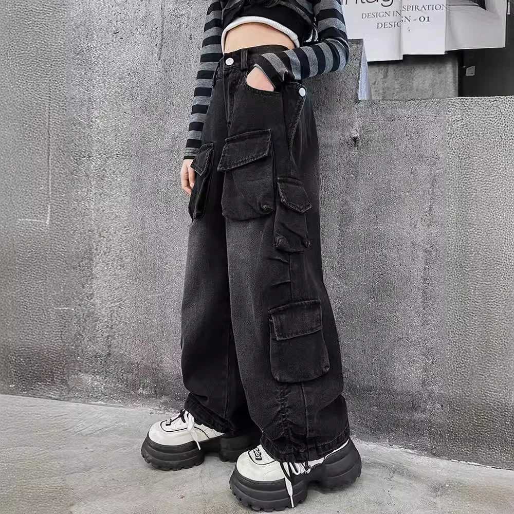 2024 Spring Cargo Jeans for Teenage Children Wide Leg Pants Girls Loose Casual Elastic Waist Design Streetwear Kids Trousers Z250220