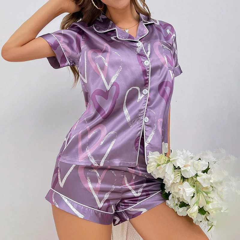 Womens Heart-shaped Print Satin Pajama Pj Set Soft Comfortable Short Sve Buttons Lapel Tops Shorts Spwear LoungewearXJ250220