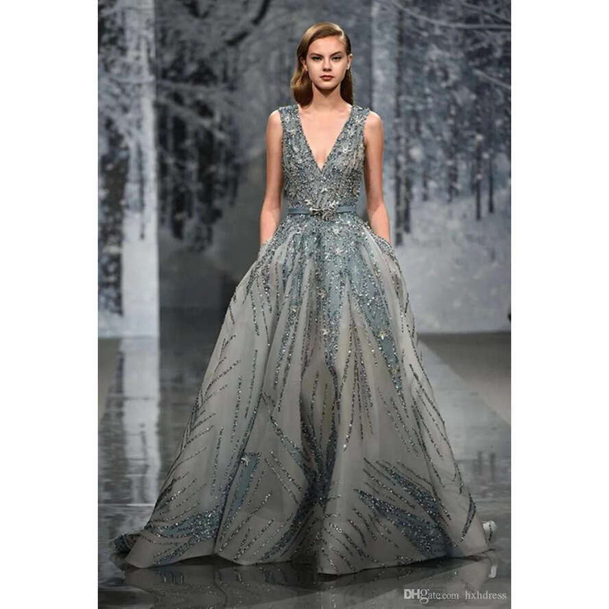 Ziad Nakad Gown Deep V Neck Beads Sequins Prom Dresses Or Length Bg Formal Evening Wear Party Dress Plus Size 4271
