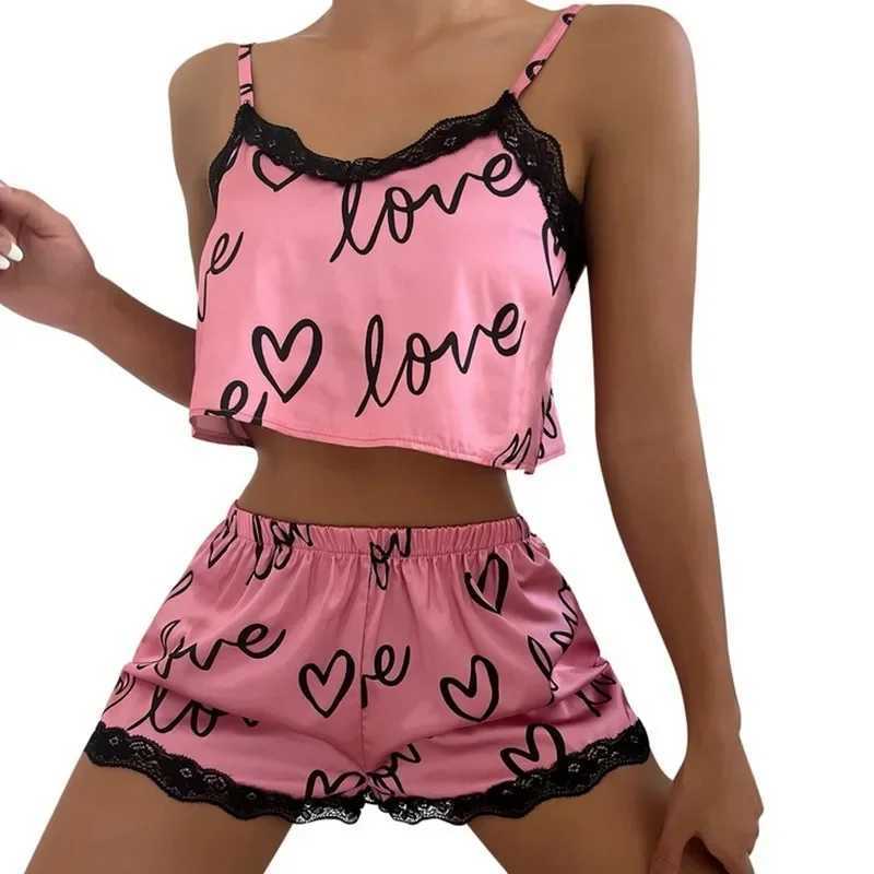 Womens Spwear Pajama Sets Sexy Lingerie Lace Love Printed Crop Tops and Shorts Pijamas Set LoungewearXJ250220
