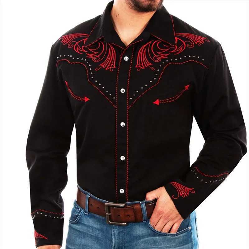 Mens shirt Western Denim pattern leaf cuffs Outdoor street long sleeve shirt button design fashion casual top W250220