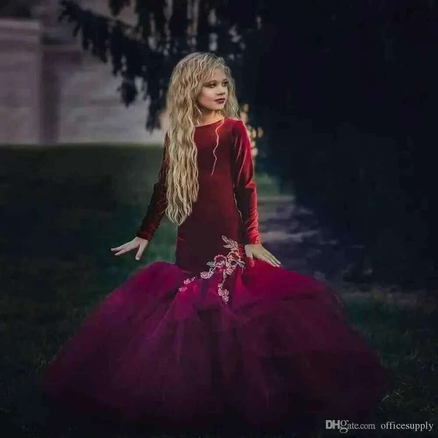 Bury Veet Mermaid Wer Girls Dresses Appliques Ribbon Ruffle Hand Made Kids Pageant Girl Formal Wear Long Sleeves Ba8582