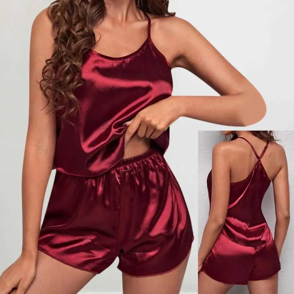 Two Piece Pajama Set Loose Fit Pajamas Ele Satin Summer Pajama Set with Spaghetti Straps Off-shoulder for Women for ComfortXJ250220