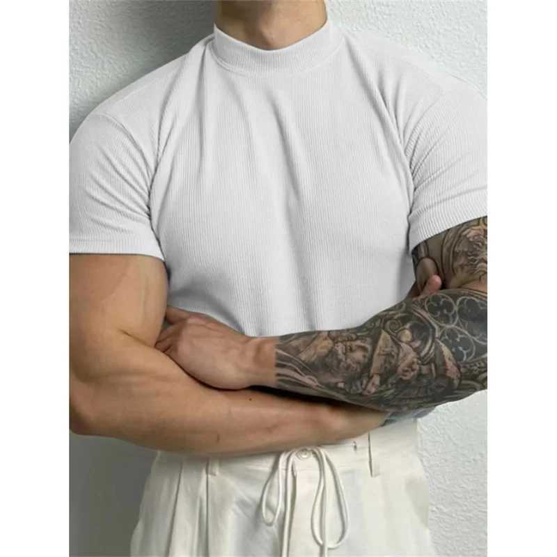 Spring Summer Elastic Mens T-shirt Small High Collar Striped Short Sleeve Fitness Top Casual Sports T-shirt Mens Sports Shirt W250220