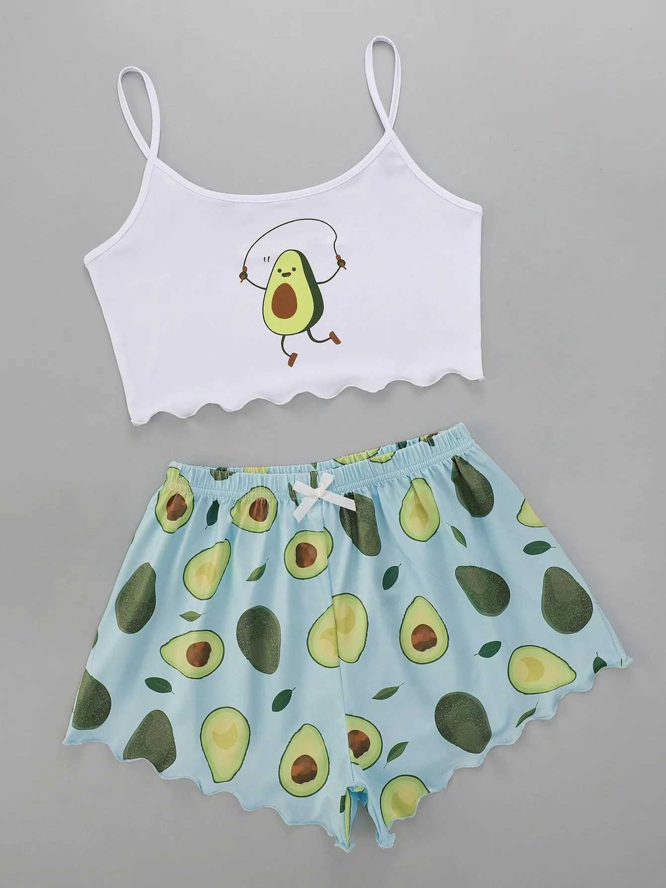 Summer Pajamas Set for Women Avocado Print Camisole with Shorts Casual Sexy Lingerie Nightie Homewear Spwear UnderwearXJ250220