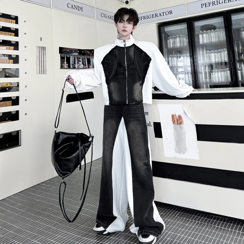 PFNW Contrast Color Mens Set Spring Stand Collar Spliced Denim Jacket Casual Pants Male Streetwear 28W5253 250220