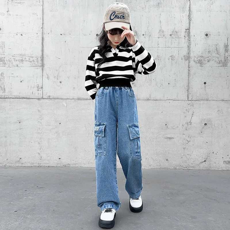 Fashion 2024 Cargo Jeans for Girls Spring Blue Pocket Hot Deals Teens Kids Cargo Pants Casual Straight School Children Trousers Z250220