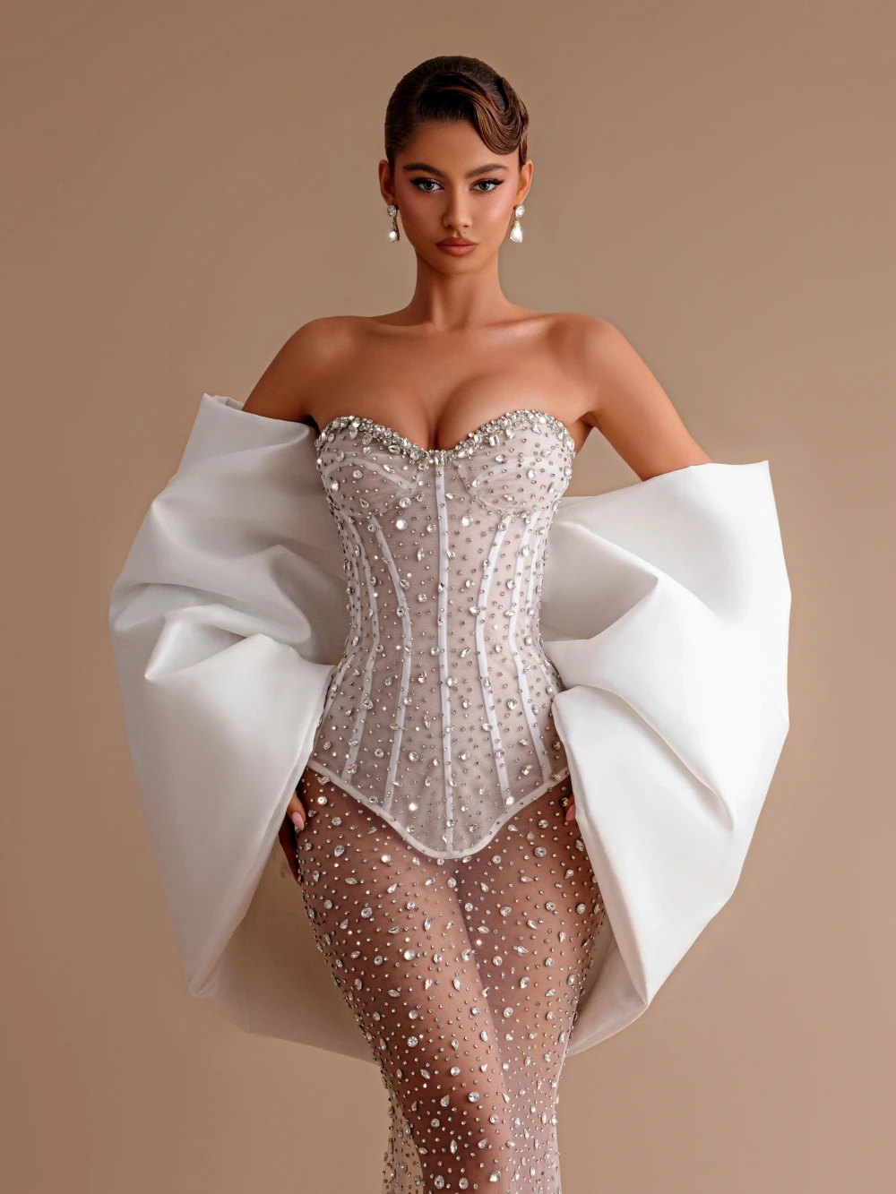 Fashion Evening Dresses For Women Sweetheart Neck Gown Sequins Crystal Wrap See Through Customized Dress